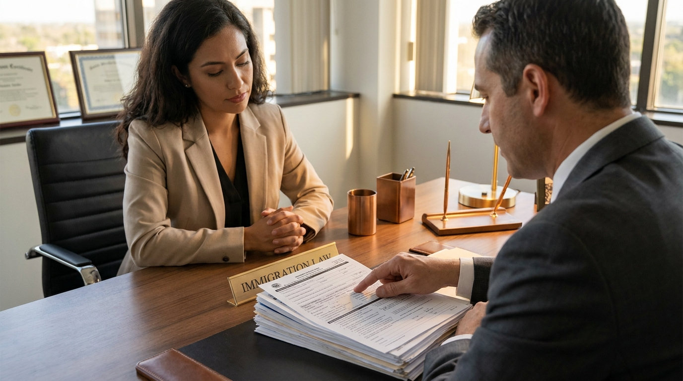 Immigration attorney reviewing family immigration documents with a client
