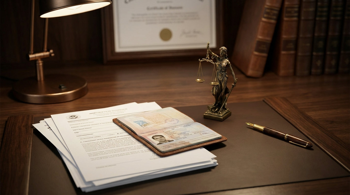 Immigration documents and scales of justice